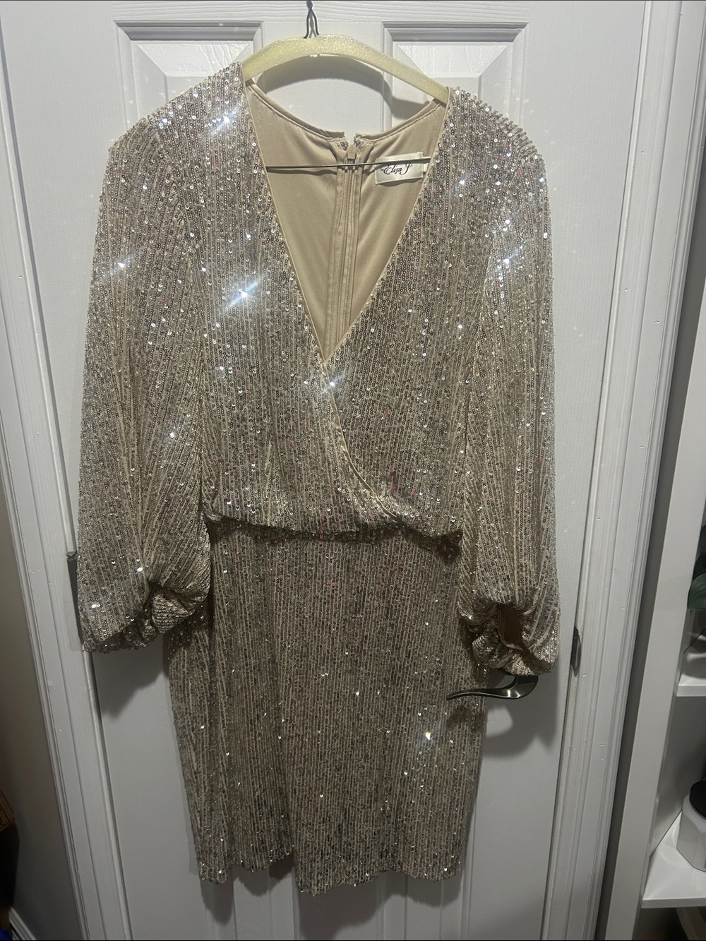 Eliza J Champagne Sequin Wrap-Front Mini Dress